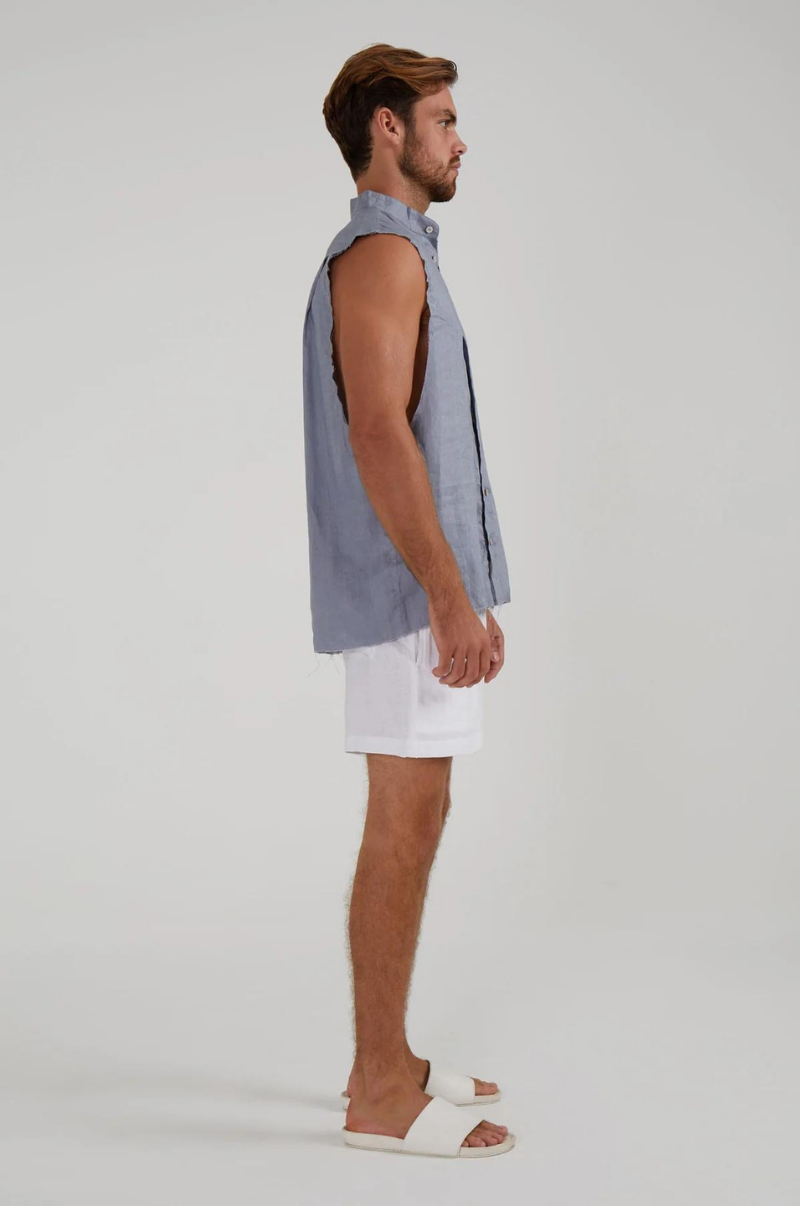 GUNS SLEEVELESS LINEN SHIRT IN SLATE