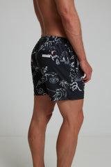 RECYCLED SWIM SHORTS IN BLACK TATTOO PRINT