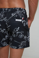 RECYCLED SWIM SHORTS IN BLACK TATTOO PRINT