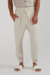 SOCIETY LOUNGE LINEN LONG PANTS IN OAK STRIPE